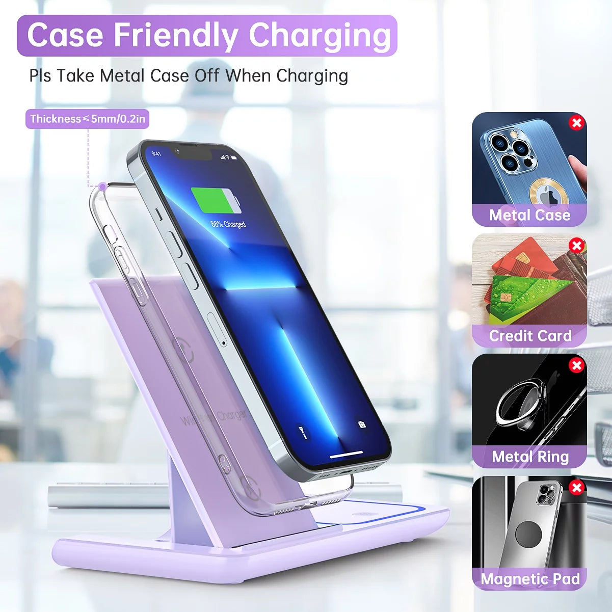 Wireless Charging Station, 3 in 1 Wireless Charger for Iphone 15/14/13/12/11/Pro/Pro Max/Xs, Sumsung Galaxy S23 S22 S21, 18W Charging Dock for Iwatch 8/7/6/5/4/3, Airpods 3/2/Pro with Adapter(Purple)