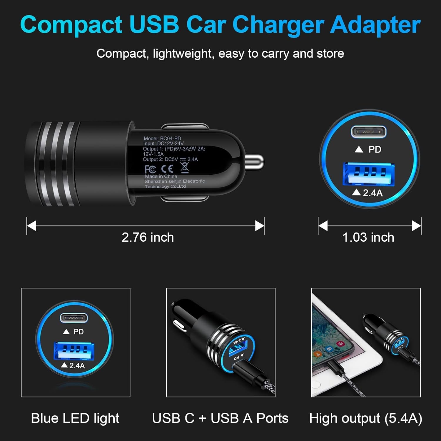 Fast Charging USB C Car Charger for Iphone 15 14 13 12 11 Pro Max SE XR XS X 8 Samsung Galaxy S23 S22 S21 S20 Note20 A32 Google Pixel 8 Pro/7A/7 Pro/6A/6/5/4A/4/3,2Pack 30W PD+2.4A Type C Car Adapter