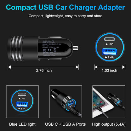 Fast Charging USB C Car Charger for Iphone 15 14 13 12 11 Pro Max SE XR XS X 8 Samsung Galaxy S23 S22 S21 S20 Note20 A32 Google Pixel 8 Pro/7A/7 Pro/6A/6/5/4A/4/3,2Pack 30W PD+2.4A Type C Car Adapter