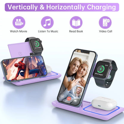 Wireless Charging Station, 3 in 1 Wireless Charger for Iphone 15/14/13/12/11/Pro/Pro Max/Xs, Sumsung Galaxy S23 S22 S21, 18W Charging Dock for Iwatch 8/7/6/5/4/3, Airpods 3/2/Pro with Adapter(Purple)