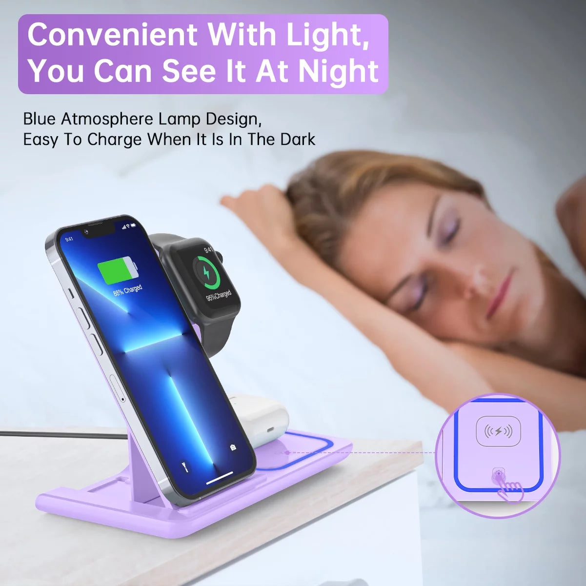 Wireless Charging Station, 3 in 1 Wireless Charger for Iphone 15/14/13/12/11/Pro/Pro Max/Xs, Sumsung Galaxy S23 S22 S21, 18W Charging Dock for Iwatch 8/7/6/5/4/3, Airpods 3/2/Pro with Adapter(Purple)